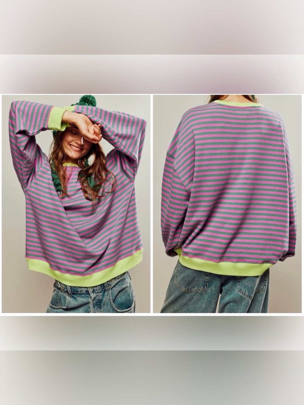 NWOT Free People We The Free Classic Striped Oversized Crewneck- pink combo - XL